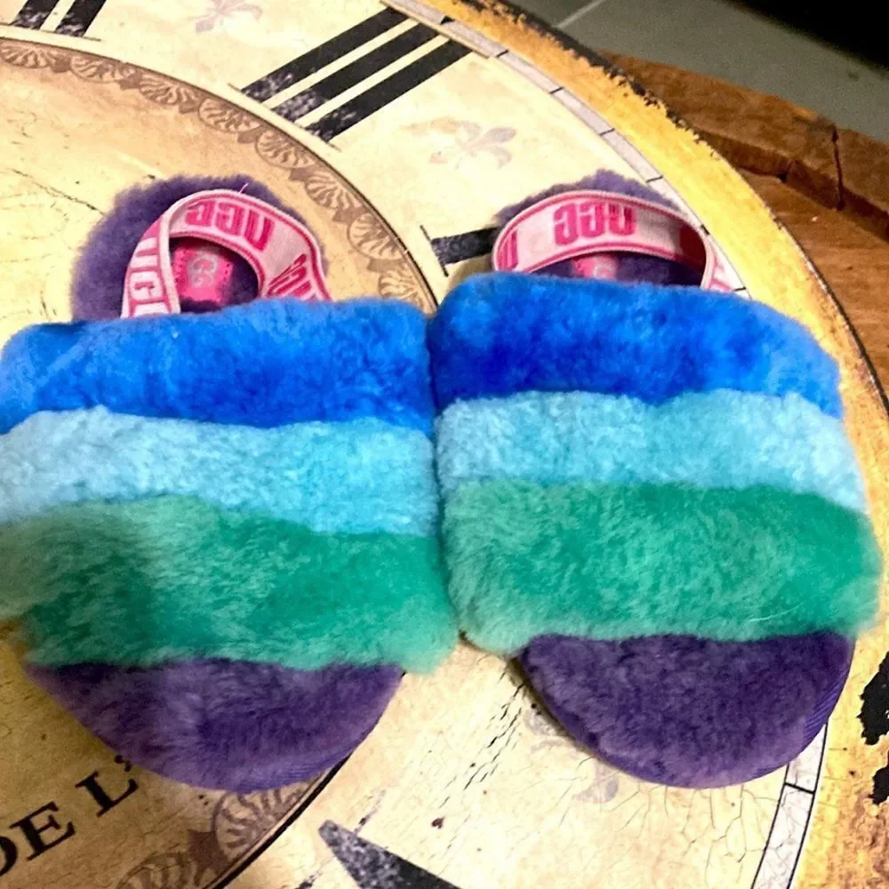 ❤️HP❤️Ugg fluff  slide slippers neon rainbow